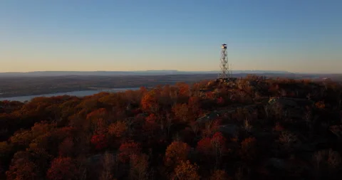 Mt Beacon Fire Tower Over to Radio Towers and Hudson River Stock Footage 297848214