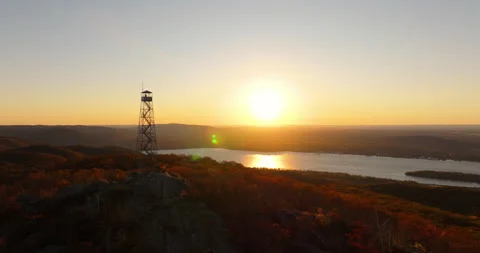 Mt Beacon Fire Tower River Sunset Wide Stock Footage 297848144