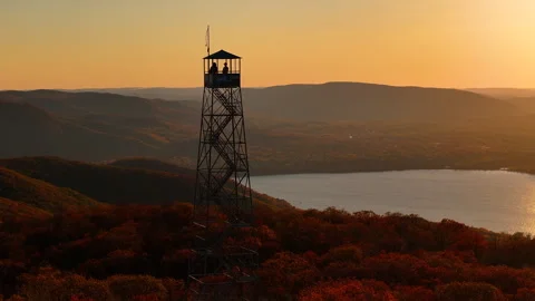 Mt Beacon Fire Tower River Sunset Silhouette Medium Stock Footage 297849242