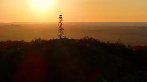 Mt Beacon Fire Tower River Sunset Silhouette Wide Stock Footage 297849284