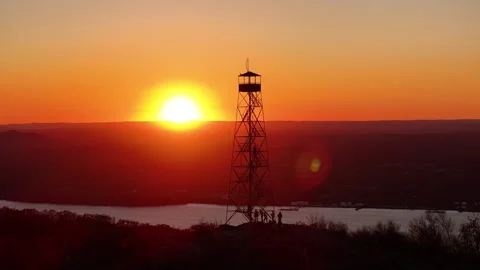 Mt Beacon Fire Tower River Sunset Silhouette Flare Wide Hikers Stock Footage 297852543