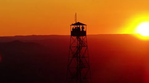 Mt Beacon Fire Tower River Sunset Silhouette Flare Medium Hikers Stock Footage 297853108