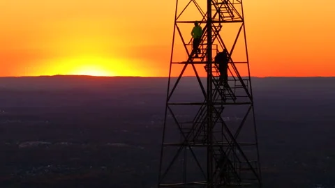 Mt Beacon Fire Tower River Sunset Silhouette Hikers Climb Down Stock Footage 297853836