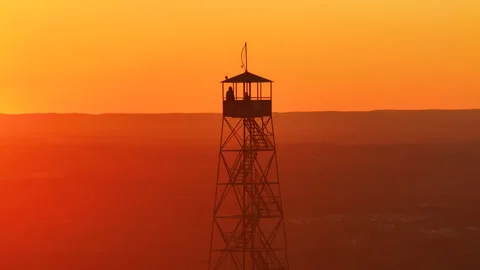 Mt Beacon Fire Tower River Sunset Silhouette Flare Hikers Selfie Stock Footage 297854970