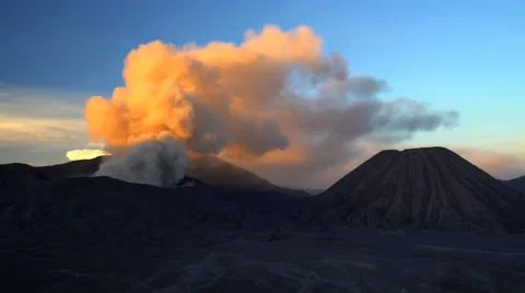 Mt Bromo summit at sunrise an active volcano eruption Java Indonesia Stock Footage 67390768