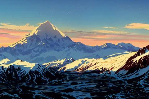 Mt, Elbrus glacier against Caucasus mountains in the evening before sunset Stock Illustration