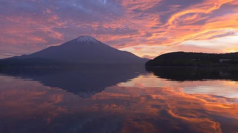 Mt. Fuji and a Burning Sky Reflected in a Lake at Sunset Stock Footage