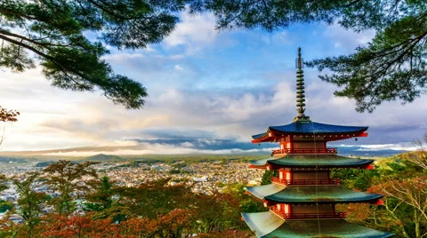 Mt. Fuji with Chureito Pagoda in autumn cloudy 4k timelapse, Japan Stock Footage