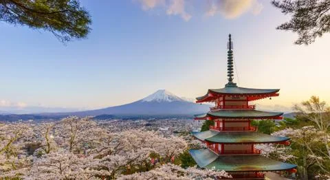 Mt. Fuji with Chureito Pagoda at sunset, Fujiyoshida, Japan Stock Photos