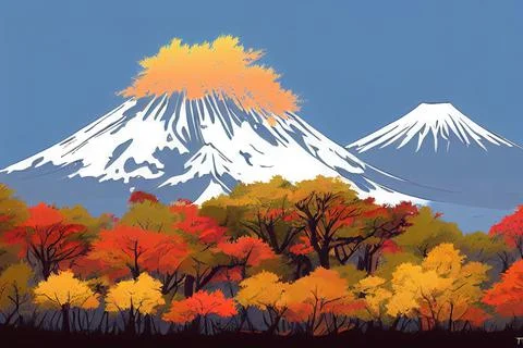 Mt, Fuji with fall colors in Japan, anime style Stock Illustration