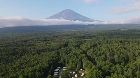 Mt. Fuji With Huge Green Trees and Dome Camp Site Drone Shot in Japan 스톡 동영상 161051153