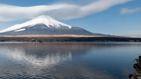 Mt. Fuji with a Huge Lenticular Cloud Reflected in a Lake (time lapse/panning) Stock Footage 124104126