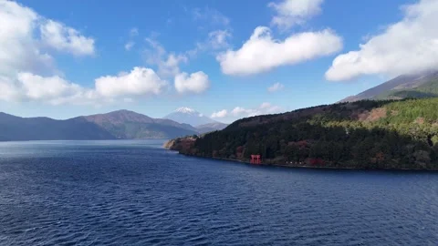 Mt. Fuji | Lake Ashi | Hakone Shrine Torii Gate - 4K Aerial Video Stock Footage 329054433