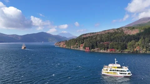 Mt. Fuji | Lake Ashi | Torii Gate | Sightseeing Boat - 4K Aerial Video Video stock 329054437