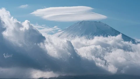 Mt. Fuji with a Lenticular Cloud over Lake Yamanaka (time lapse/close up) Stock Footage 123897121