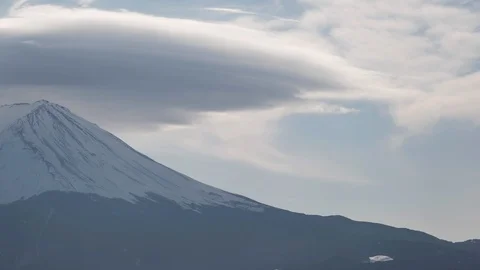 Mt. Fuji with Lenticular Cloud on Top at Lake Kawaguchi (Time Lapse/Panning) Stock Footage 125317622