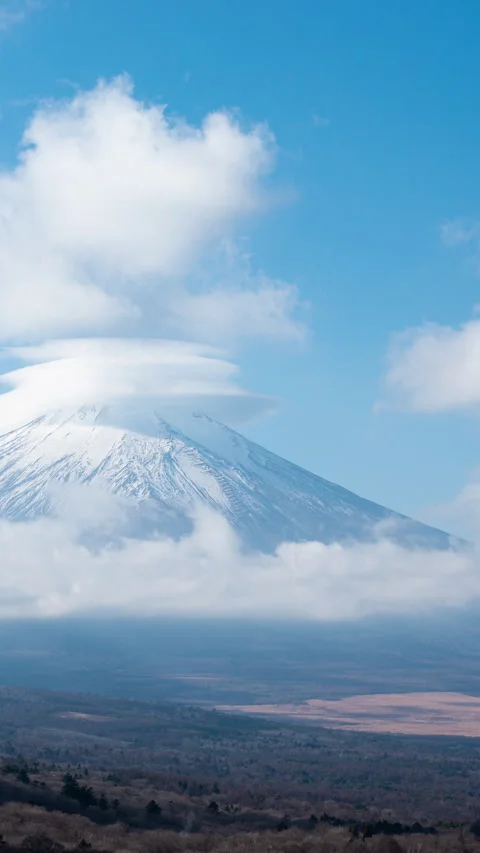 Mt. Fuji with Lenticular Clouds at Top (Vertical/Timelapse/PANNING) Stock Footage 281636300