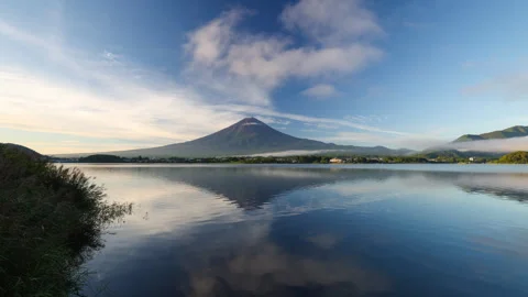 Mt Fuji Mirrored Sunrise Reflection Time Lapse on Peaceful Morning 動画素材 328130180