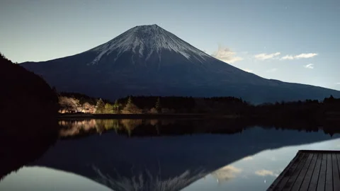 Mt. Fuji over a Jetty Reflected in a Lake at Night (Timelapse | ZOOM IN) 스톡 동영상 302735101