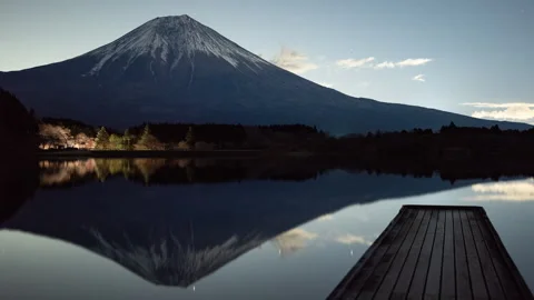 Mt. Fuji over a Jetty Reflected in a Lake at Night (Timelapse | PANNING) Stock Footage 302735120