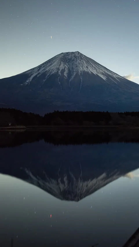 Mt. Fuji over a Jetty Reflected in a Lake at Night (Vertical Timelapse) Video stock 302735154