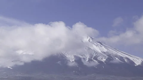 Mt. Fuji over Snow-Covered Town in Winter (Time Lapse | Tilt Down) Stock Footage 332012085