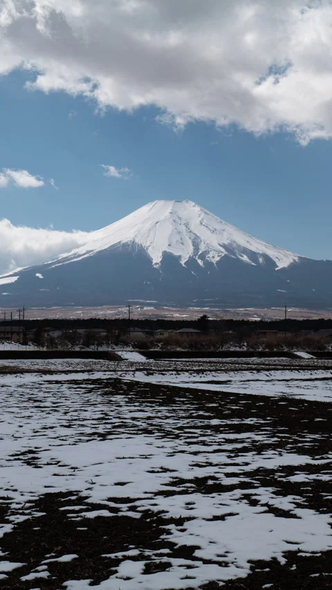 Mt. Fuji over Snowy Fields after the Snow (Vertical Timelapse | PANNING) Stock Footage 304192836