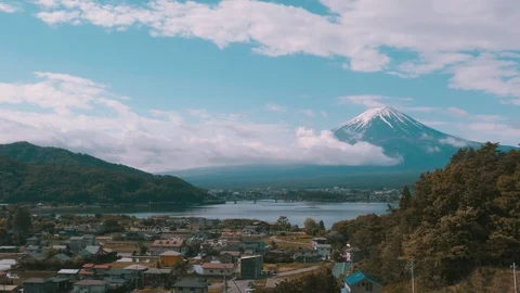 Mt. Fuji overlooking Lake Kawaguchi in Japan Stock Footage