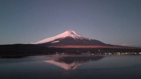 Mt. Fuji Reflection at Blue Hour│Lake Yamanaka Winter Aerial Stock-Footage 329062690