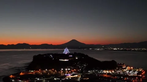 Mt. Fuji Silhouette | Enoshima Island | Sunset - 4K Aerial Video Video stock 329055020