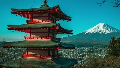 Mt. Fuji viewed from behind Chureito Pagoda. Stock Footage 225417898
