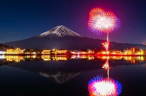 Mt. Fuji, Winter Fireworks Exploding Over Lake Kawaguchi Stock Photos