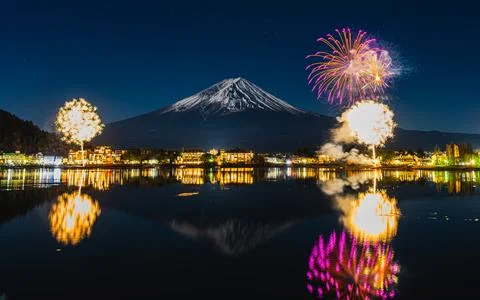 Mt. Fuji, Winter Fireworks Exploding Over Lake Kawaguchi Stock Photos