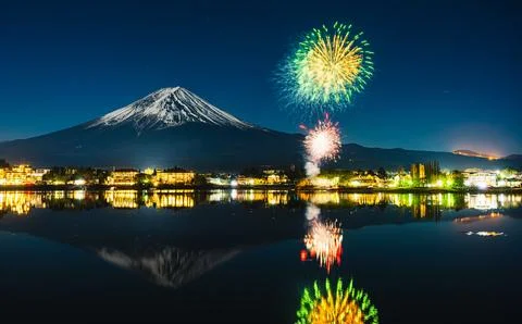 Mt. Fuji, Winter Fireworks Exploding Over Lake Kawaguchi Stock Photos