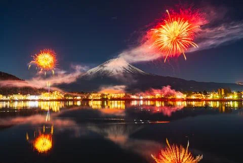 Mt. Fuji, Winter Fireworks Exploding Over Lake Kawaguchi Stock Photos
