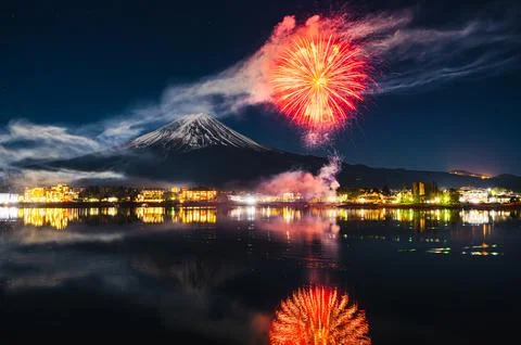 Mt. Fuji, Winter Fireworks Exploding Over Lake Kawaguchi Stock Photos