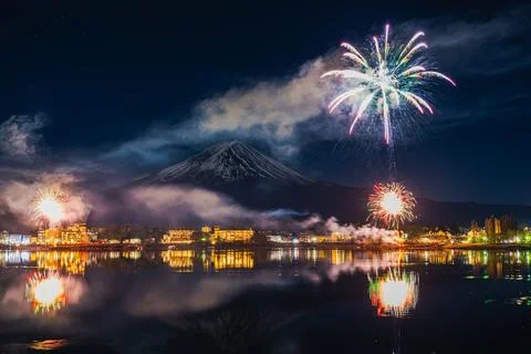 Mt. Fuji, Winter Fireworks Exploding Over Lake Kawaguchi Stock Photos