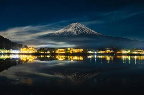 Mt. Fuji, Winter Fireworks Exploding Over Lake Kawaguchi Stock Photos