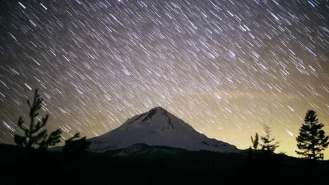 Mt. Hood Falling Star Trails Night Time Lapse with glow of Portland in Distance Stock Footage 82005251