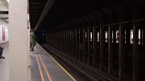 MTA NYC Subway passing by in Train Station. Underground Platform, Express Stock Footage 149381492
