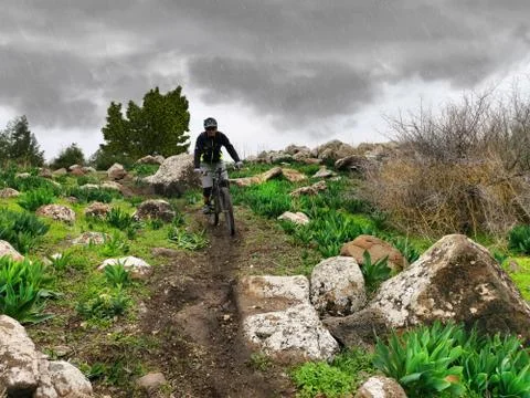 MTB cyclist riding a trail in the rain Stock Photos