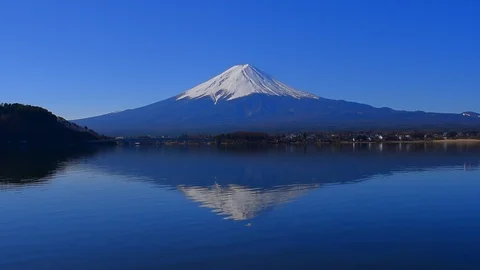 Mt.Fuji in March of blue sky clear from Lake Kawaguchi Japan Stock Footage 87054279
