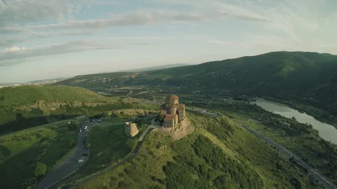 Mtskheta castle church Caucasus mountains river caucasian beauty nature georgia Stock Footage 87536762
