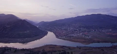 Mtskheta, crossing of rivers Aragvi and Kura, Georgia, evening Stock Footage 140261029