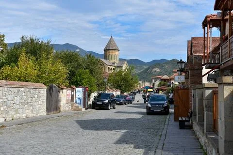 Mtskheta, Georgia - October 9, 2023: Tourists on street of old town Mtskheta  Stock Photos