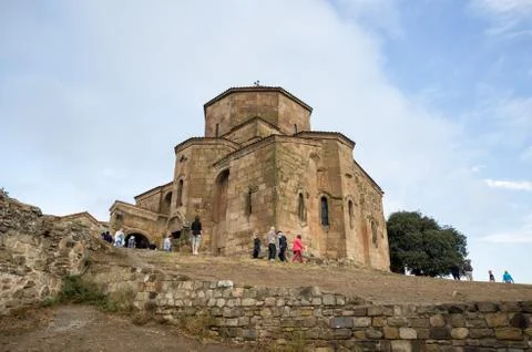 MTSKHETA, GEORGIA - SEPTEMBER 23, 2018: Many people visit the ancient Jvari m Stock Photos