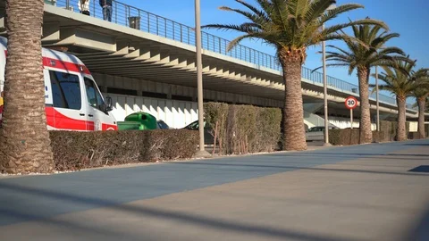 MU Ambulance van. Responding  to emergency. Marina real, Valencia. Stock Footage 105121096
