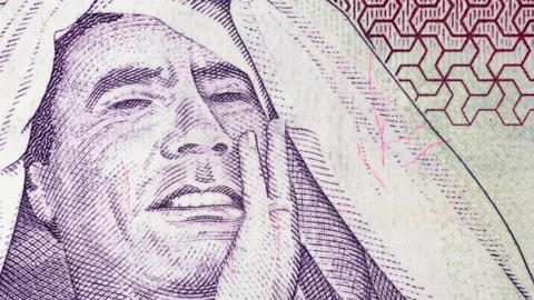 Muammar Gaddafi portrait on Libya 1 dinar (2009) banknote tracking. Slider shot Stock Footage 148119600