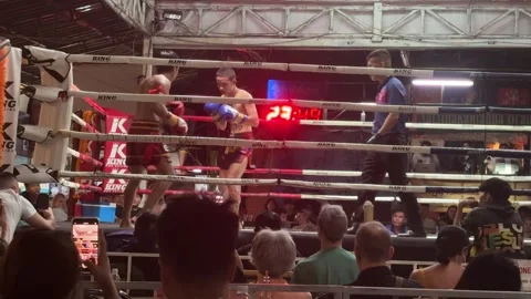 Muay Thai fighters fighting in ring at Kalare Stadium Chiang Mai Stockbeeldmateriaal 331050628