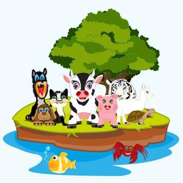 Much animals on island Stock Illustration